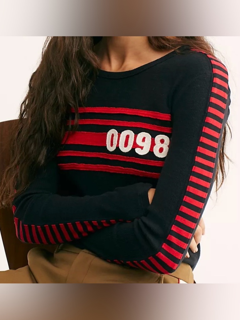 Free People We The Free Black Vintage Long Sleeve Red Strip Top